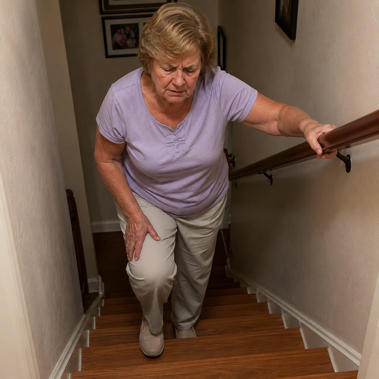 Elderly woman struggling to climb stairs