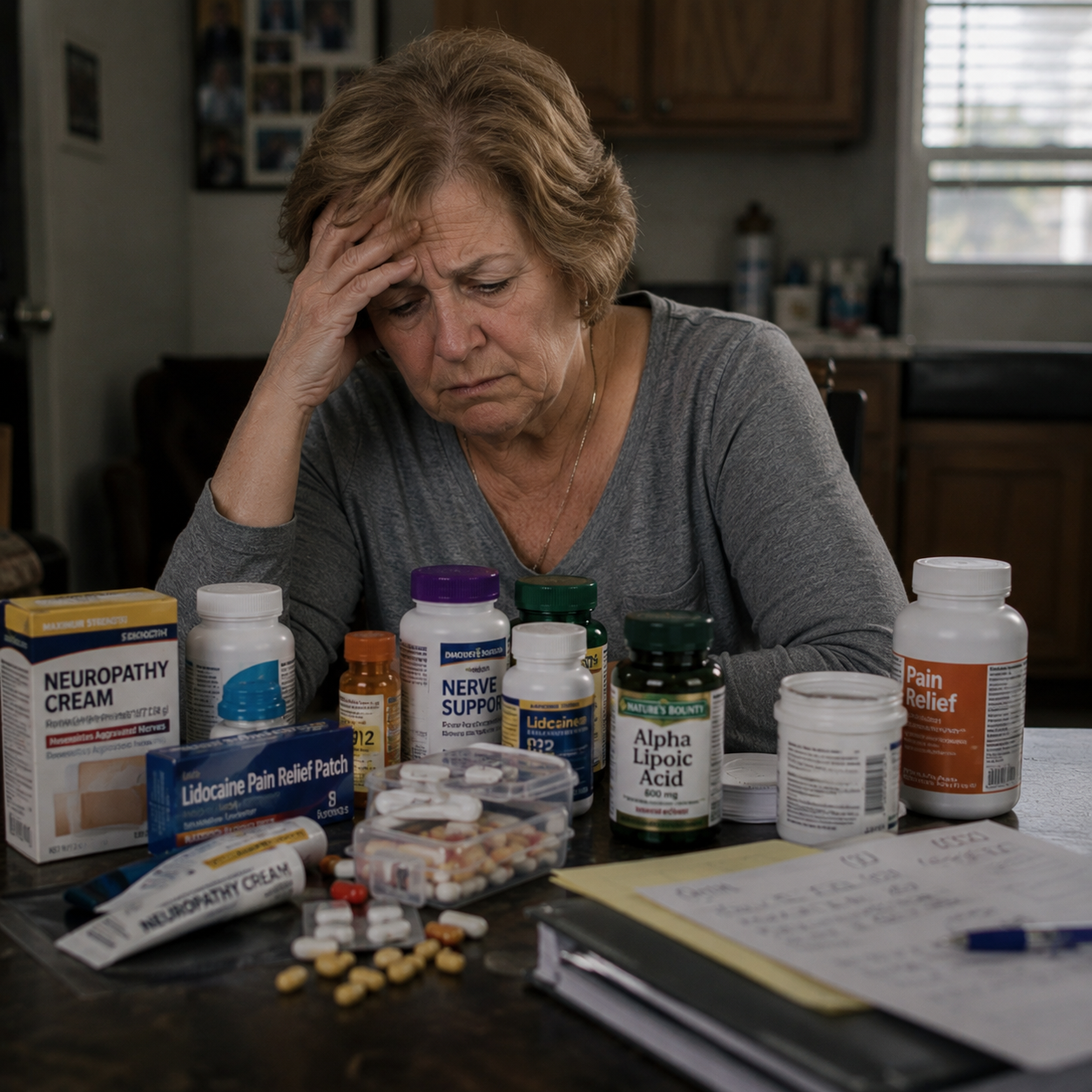 Frustrated senior surrounded by failed neuropathy treatments