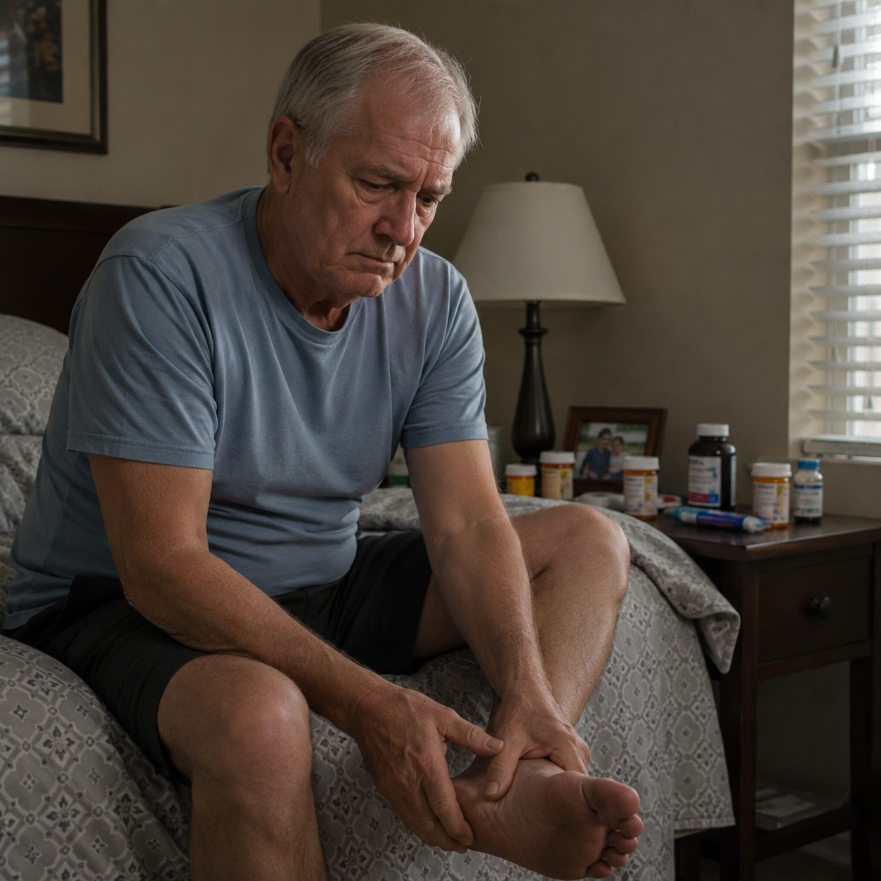 Worried senior man looking at neuropathy symptoms